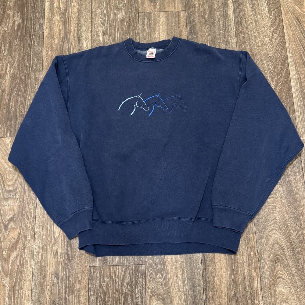 VTG Horse Sweatshirt Men's XL Blue Embroidered 90s USA Fruit of the Loom